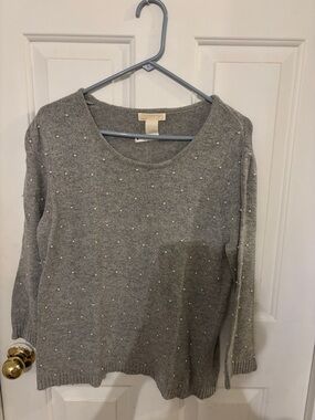 Christina Gray Crewneck Sweater with Pearl Studs